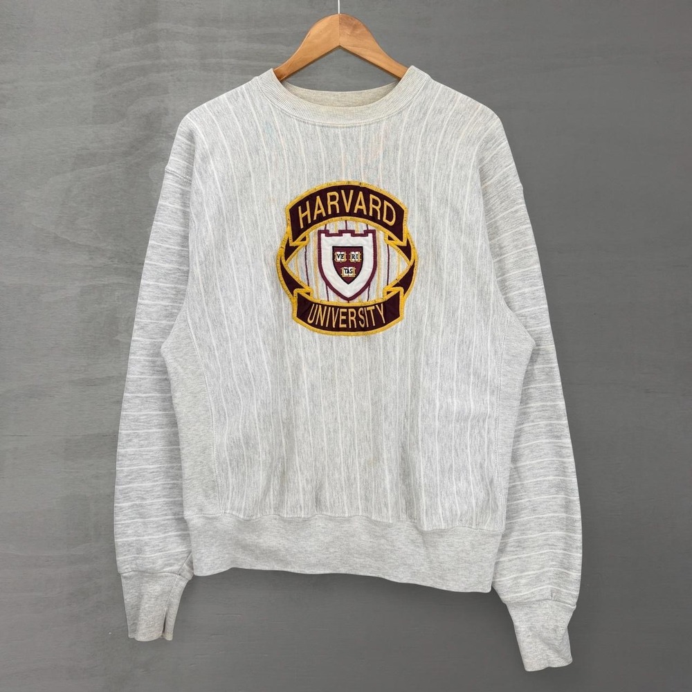 Vintage Harvard University Reverse Weave Sweatshirt Gray Textured Stripe Large